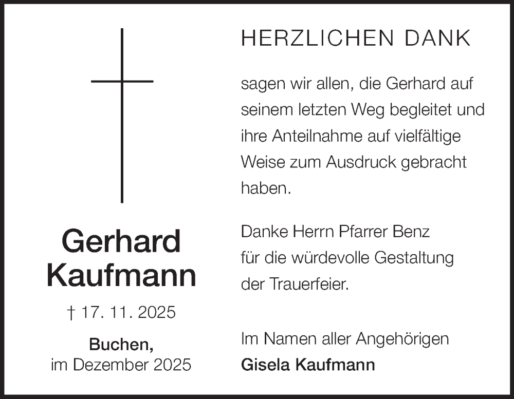  Traueranzeige für Gerhard Kaufmann vom 06.12.2025 aus Fränkische Nachrichten