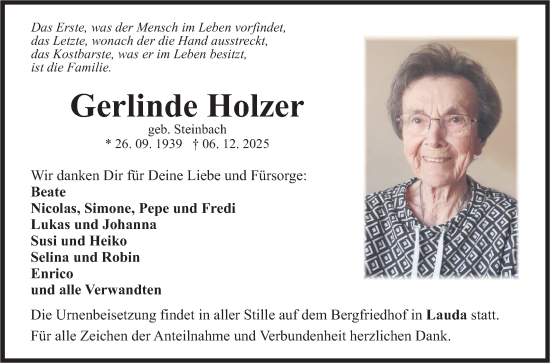 Traueranzeige von Gerlinde Holzer von Fränkische Nachrichten
