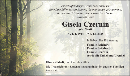 Traueranzeige von Gisela Czernin von Fränkische Nachrichten