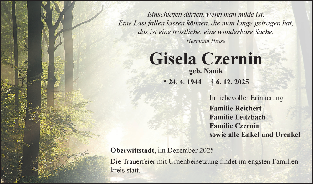  Traueranzeige für Gisela Czernin vom 13.12.2025 aus Fränkische Nachrichten