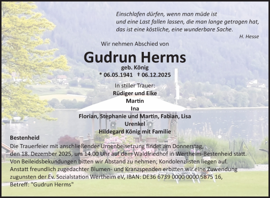 Traueranzeige von Gudrun Herms von Fränkische Nachrichten