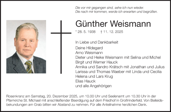 Traueranzeige von Günther Weismann von Fränkische Nachrichten