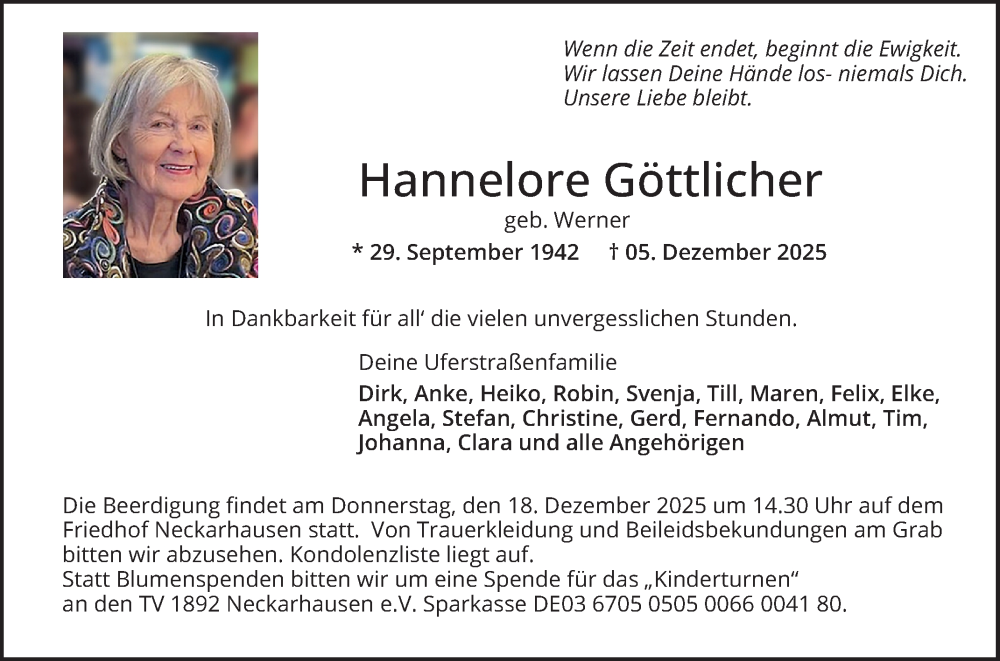  Traueranzeige für Hannelore Göttlicher vom 13.12.2025 aus Mannheimer Morgen