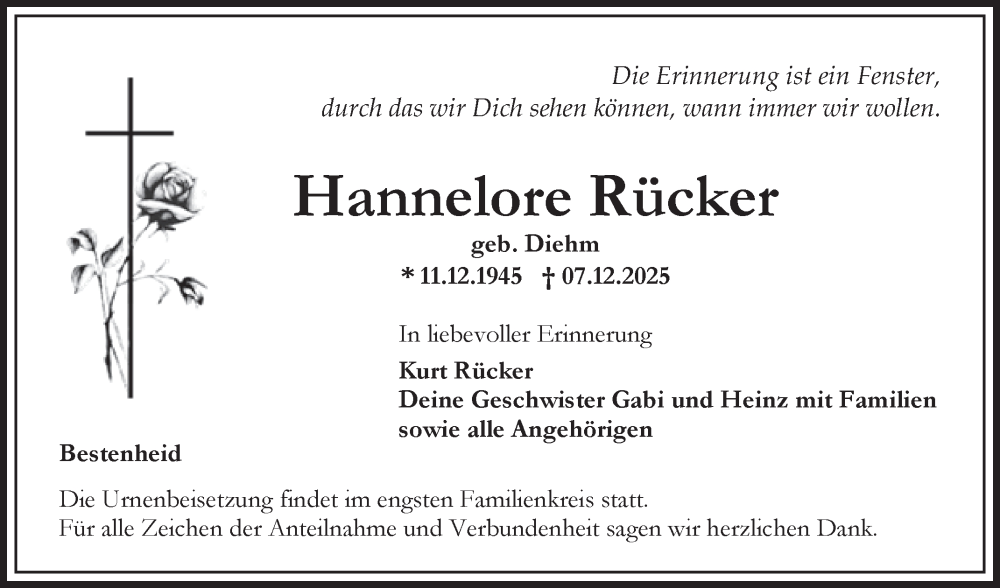 Traueranzeige für Hannelore Rücker vom 13.12.2025 aus Fränkische Nachrichten