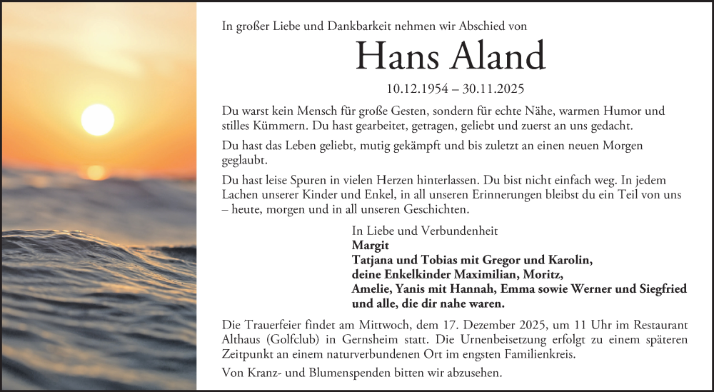  Traueranzeige für Hans Aland vom 13.12.2025 aus Bergsträßer Anzeiger