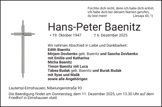 Traueranzeige von Hans-Peter Baenitz von Bergsträßer Anzeiger