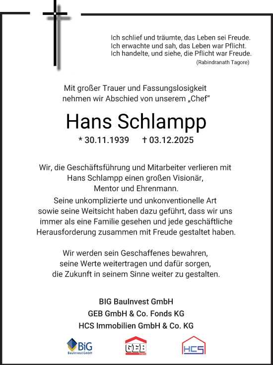 Traueranzeige von Hans Schlampp von Schwetzinger Zeitung