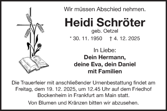 Traueranzeige von Heidi Schröter von Fränkische Nachrichten