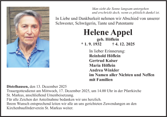 Traueranzeige von Helene Appel von Fränkische Nachrichten