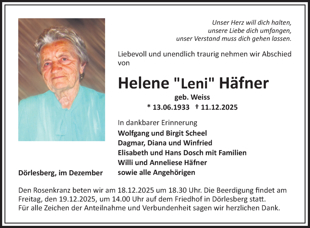  Traueranzeige für Helene Häfner vom 17.12.2025 aus Fränkische Nachrichten