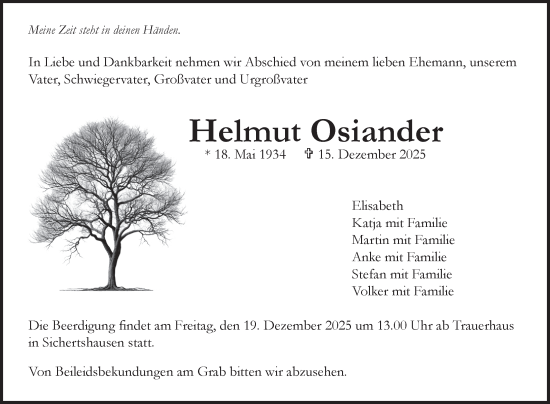 Traueranzeige von Helmut Osiander von Fränkische Nachrichten