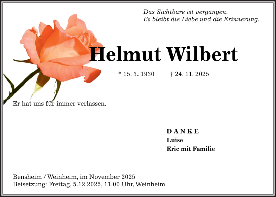 Traueranzeige von Helmut Wilbert von Bergsträßer Anzeiger