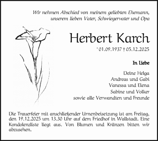 Traueranzeige von Herbert Karch von Mannheimer Morgen