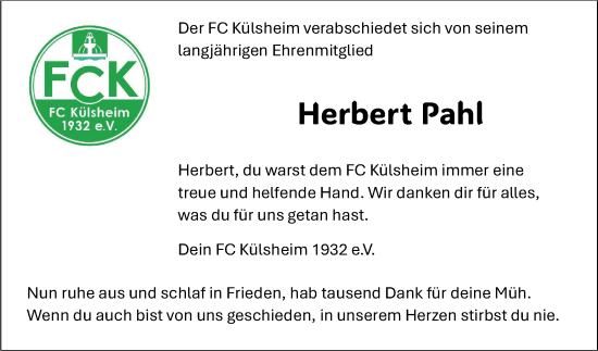 Traueranzeige von Herbert Pahl von Fränkische Nachrichten