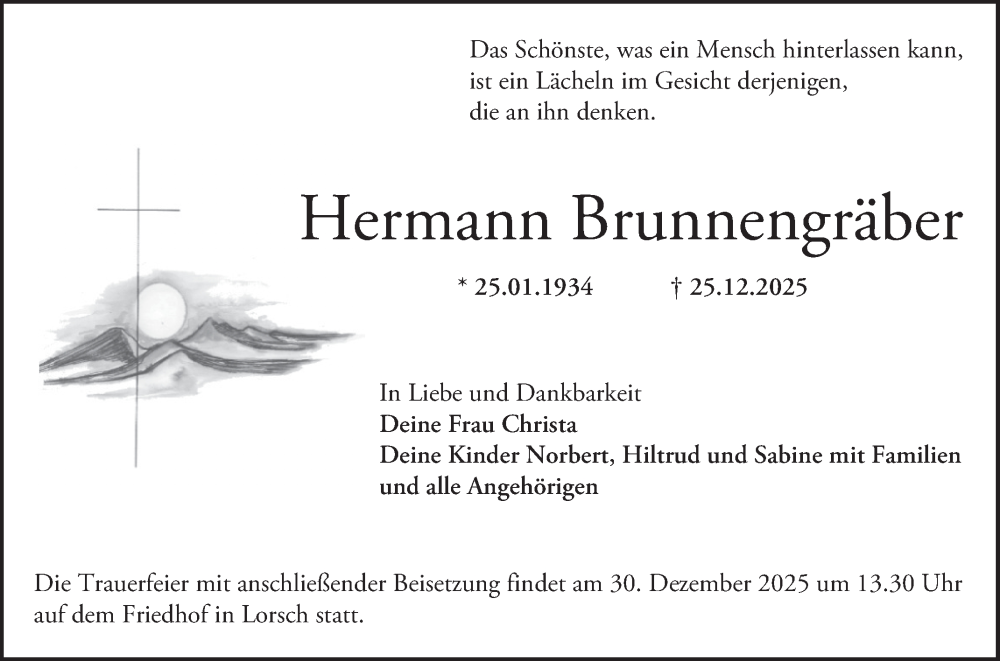  Traueranzeige für Hermann Brunnengräber vom 30.12.2025 aus Bergsträßer Anzeiger