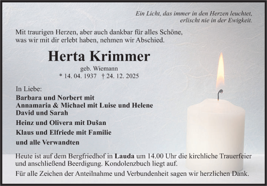 Traueranzeige von Herta Krimmer von Fränkische Nachrichten