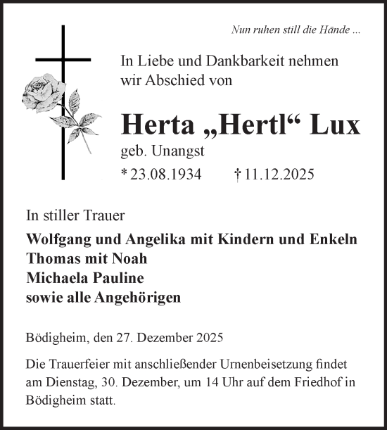 Traueranzeige von Herta Lux von Fränkische Nachrichten