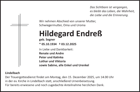 Traueranzeige von Hildegard Endreß von Fränkische Nachrichten