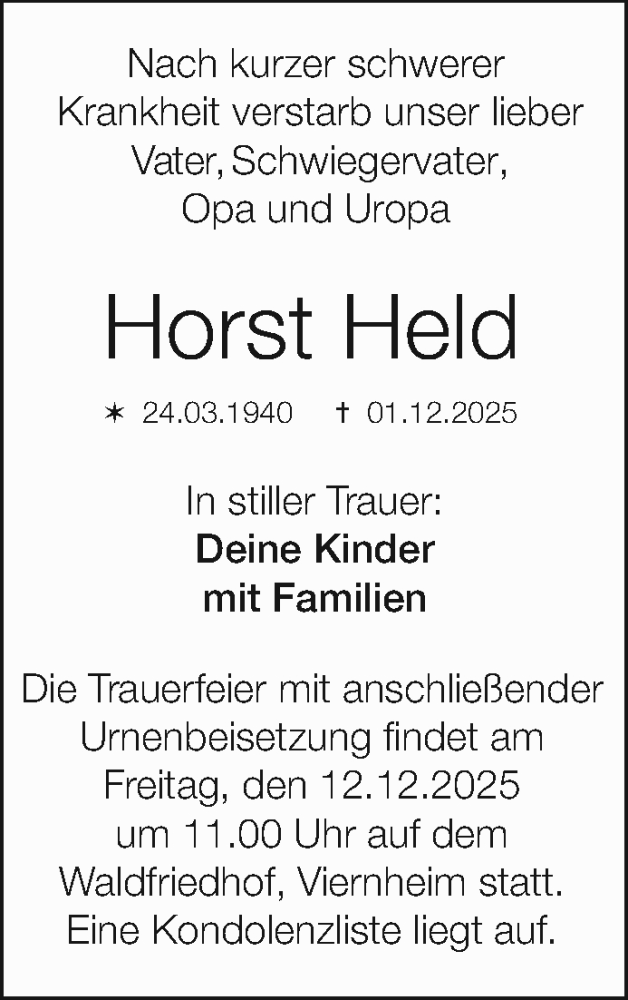  Traueranzeige für Horst Held vom 06.12.2025 aus Mannheimer Morgen