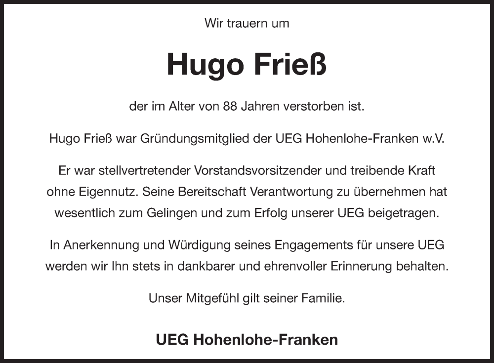  Traueranzeige für Hugo Frieß vom 27.12.2025 aus Fränkische Nachrichten