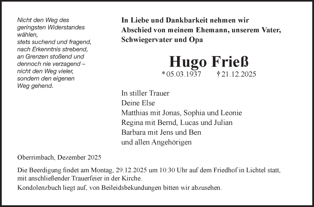  Traueranzeige für Hugo Frieß vom 24.12.2025 aus Fränkische Nachrichten