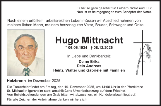 Traueranzeige von Hugo Mittnacht von Fränkische Nachrichten