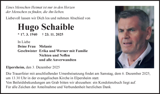Traueranzeige von Hugo Schaible von Fränkische Nachrichten