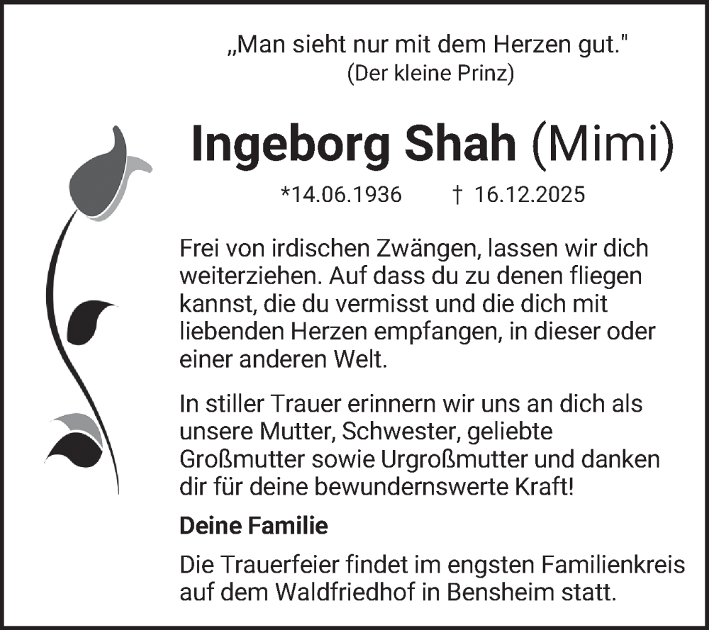  Traueranzeige für Ingeborg Shah vom 27.12.2025 aus Bergsträßer Anzeiger