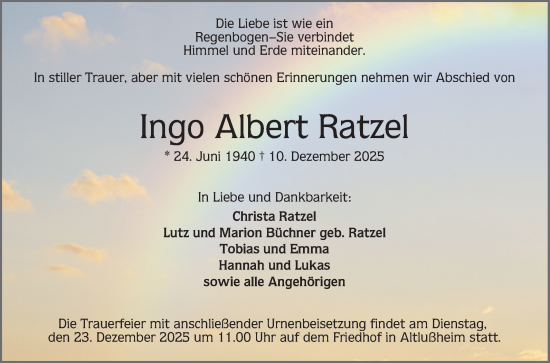Traueranzeige von Ingo Albert Ratzel von Schwetzinger Zeitung