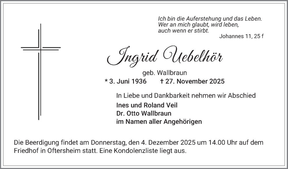  Traueranzeige für Ingrid Uebelhör vom 02.12.2025 aus Schwetzinger Zeitung