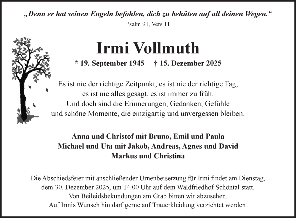  Traueranzeige für Irmi Vollmuth vom 20.12.2025 aus Fränkische Nachrichten