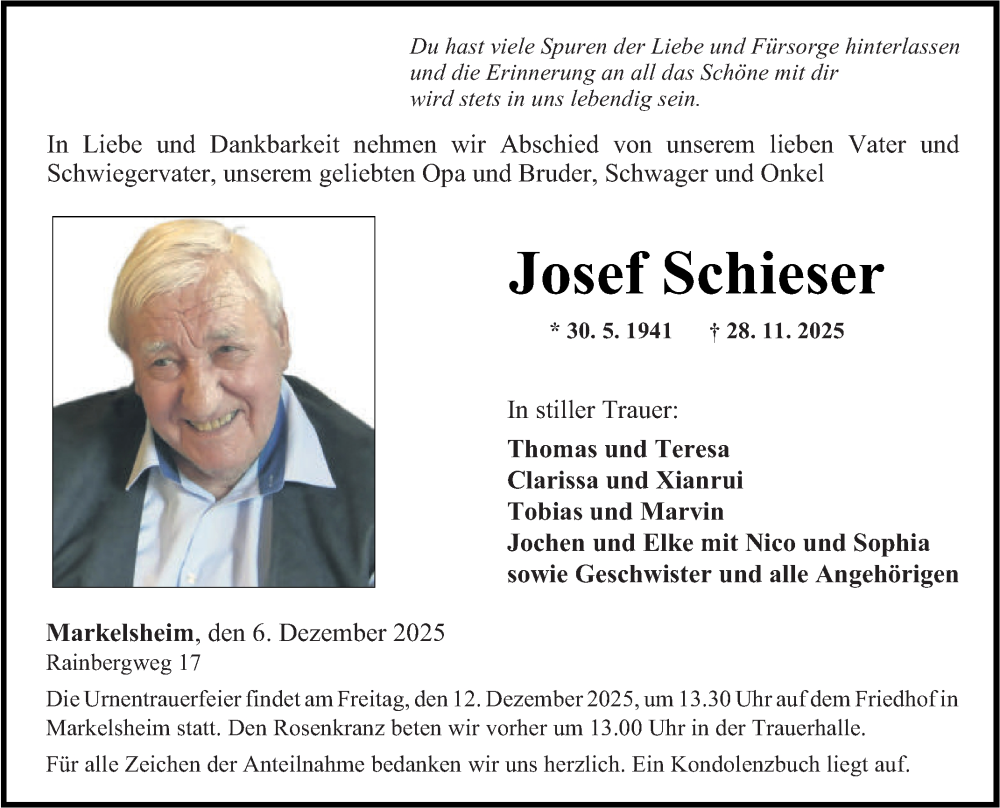  Traueranzeige für Josef Schieser vom 06.12.2025 aus Fränkische Nachrichten