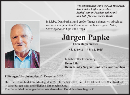 Traueranzeige von Jürgen Papke von Fränkische Nachrichten