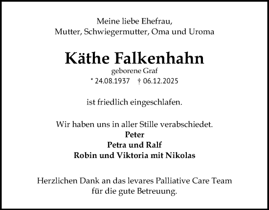 Traueranzeige von Käthe Falkenhahn von Mannheimer Morgen