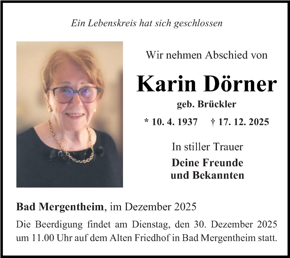  Traueranzeige für Karin Dörner vom 27.12.2025 aus Fränkische Nachrichten