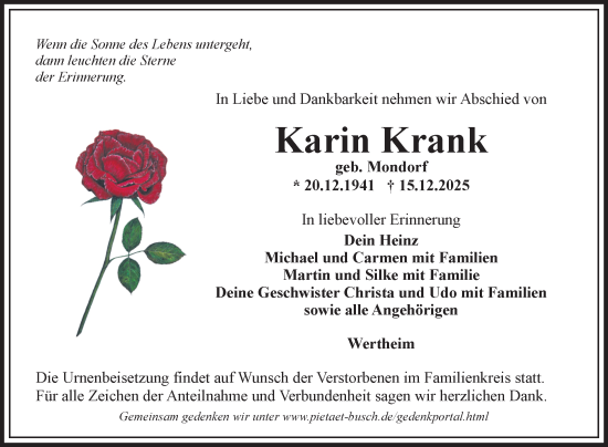Traueranzeige von Karin Krank von Fränkische Nachrichten