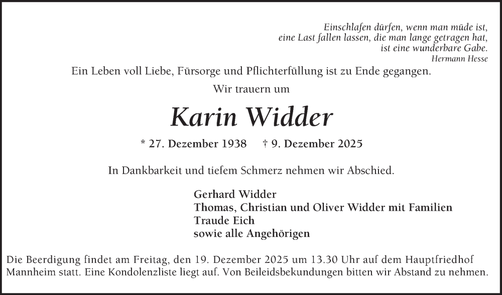  Traueranzeige für Karin Widder vom 15.12.2025 aus Mannheimer Morgen