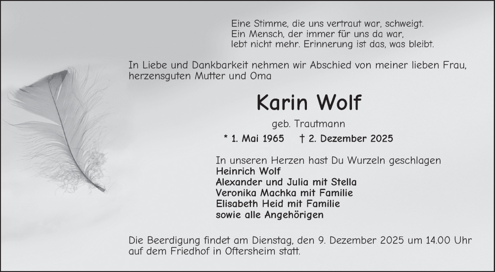  Traueranzeige für Karin Wolf vom 06.12.2025 aus Schwetzinger Zeitung