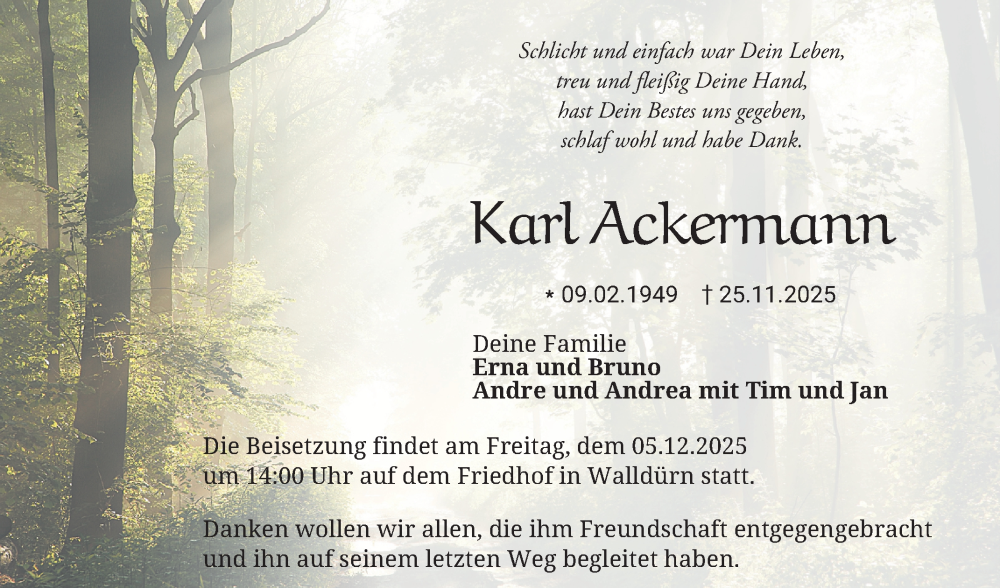  Traueranzeige für Karl Ackermann vom 03.12.2025 aus Fränkische Nachrichten