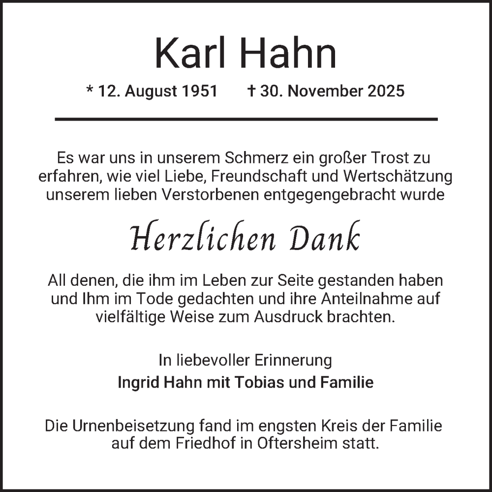  Traueranzeige für Karl Hahn vom 20.12.2025 aus Schwetzinger Zeitung