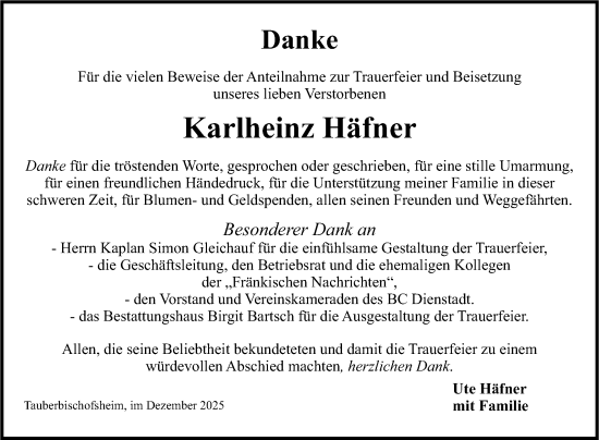Traueranzeige von Karlheinz Häfner von Fränkische Nachrichten