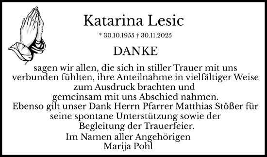 Traueranzeige von Katarina Lesic von Mannheimer Morgen