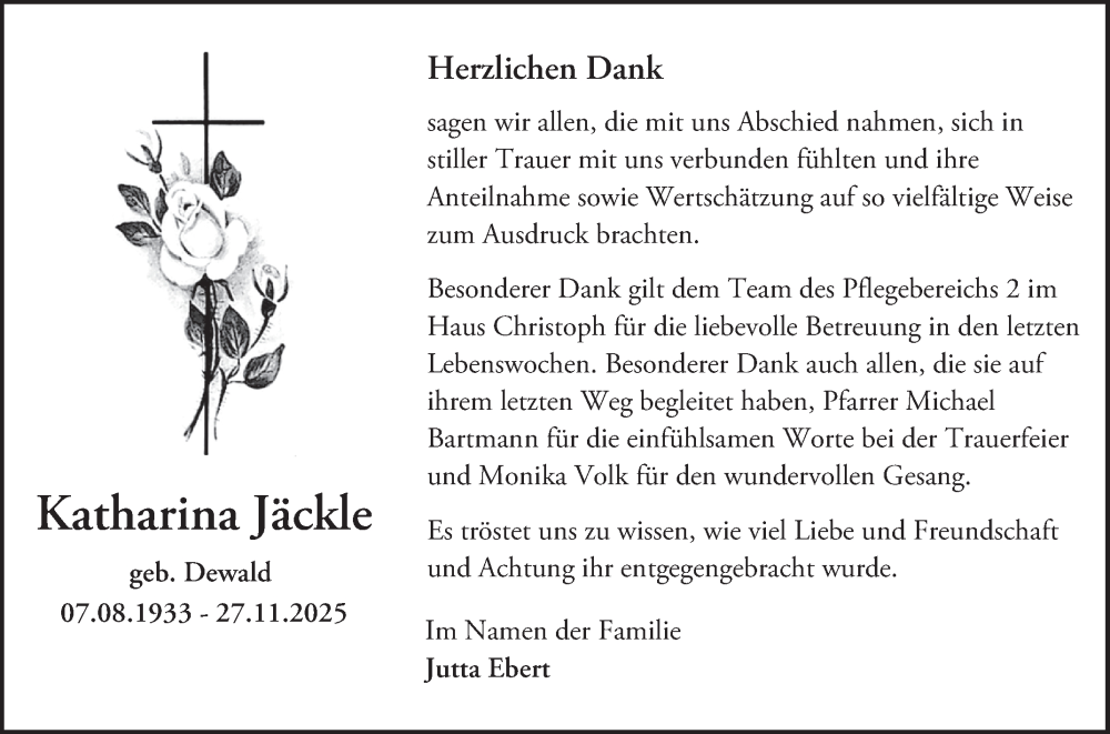  Traueranzeige für Katharina Jäckle vom 20.12.2025 aus Bergsträßer Anzeiger
