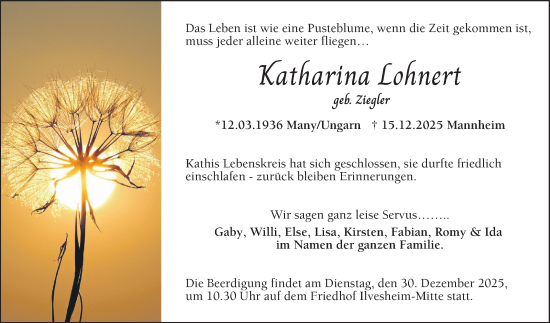 Traueranzeige von Katharina Lohnert von Mannheimer Morgen