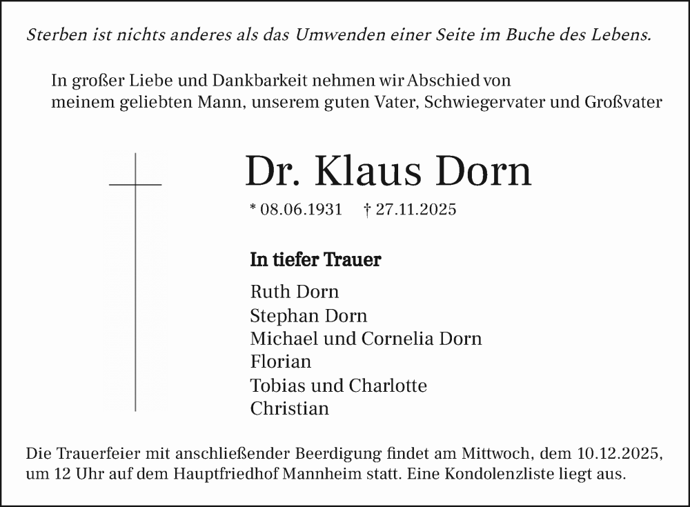  Traueranzeige für Klaus Dorn vom 06.12.2025 aus Mannheimer Morgen