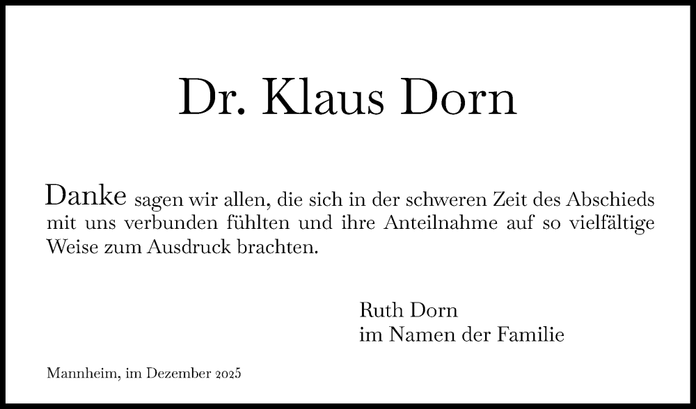  Traueranzeige für Klaus Dorn vom 20.12.2025 aus Mannheimer Morgen