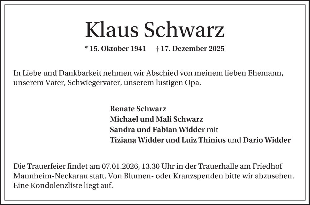  Traueranzeige für Klaus Schwarz vom 27.12.2025 aus Mannheimer Morgen