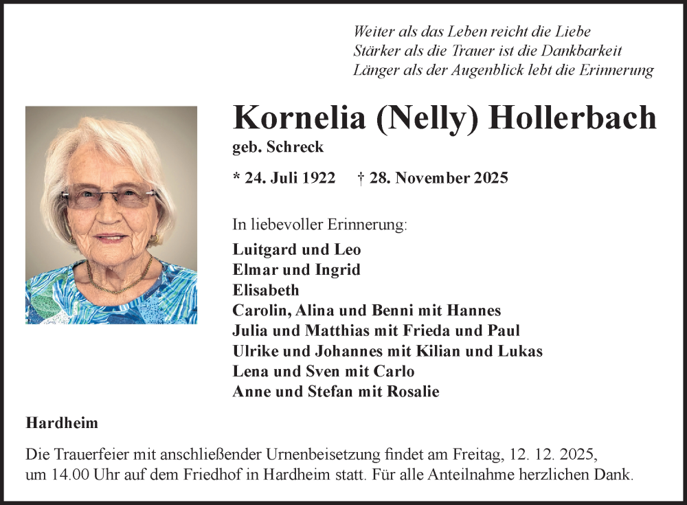  Traueranzeige für Kornelia Hollerbach vom 08.12.2025 aus Fränkische Nachrichten