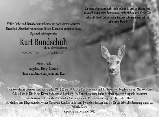 Traueranzeige von Kurt Bundschuch von Fränkische Nachrichten