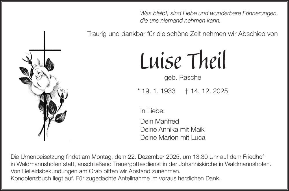  Traueranzeige für Luise Theil vom 19.12.2025 aus Fränkische Nachrichten